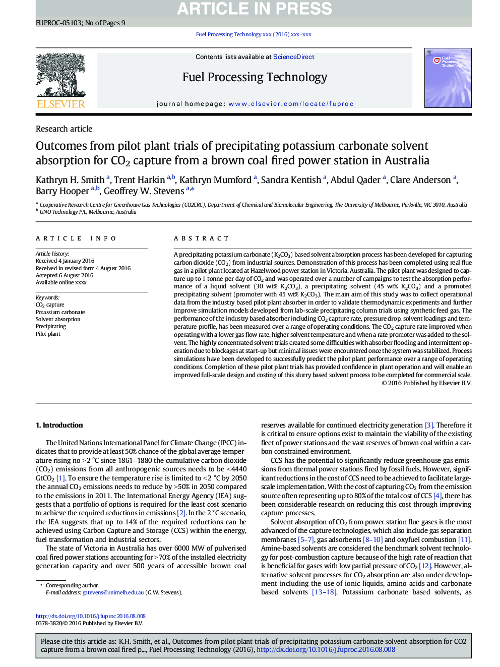 Outcomes from pilot plant trials of precipitating potassium carbonate solvent absorption for CO2 capture from a brown coal fired power station in Australia