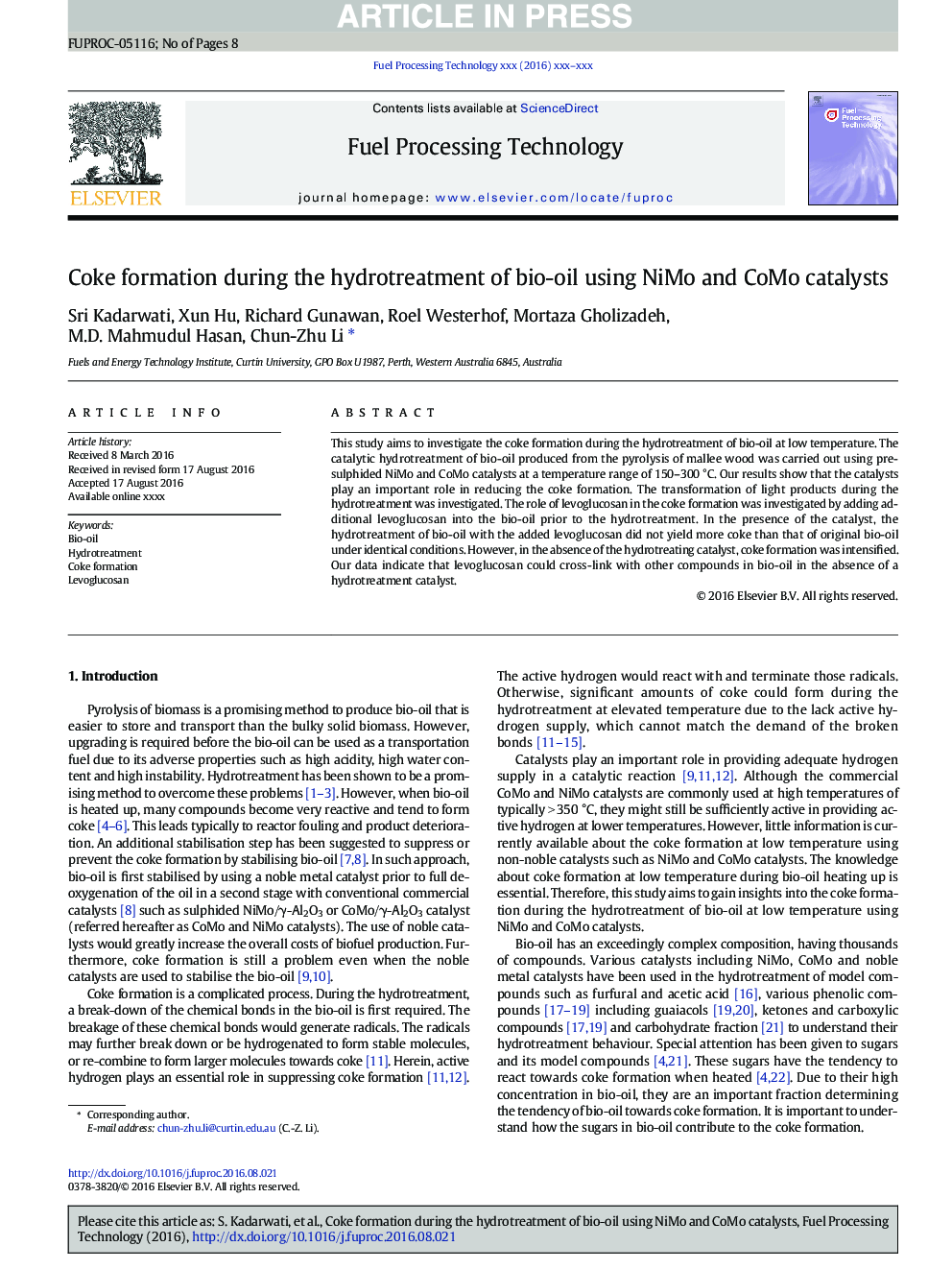 Coke formation during the hydrotreatment of bio-oil using NiMo and CoMo catalysts