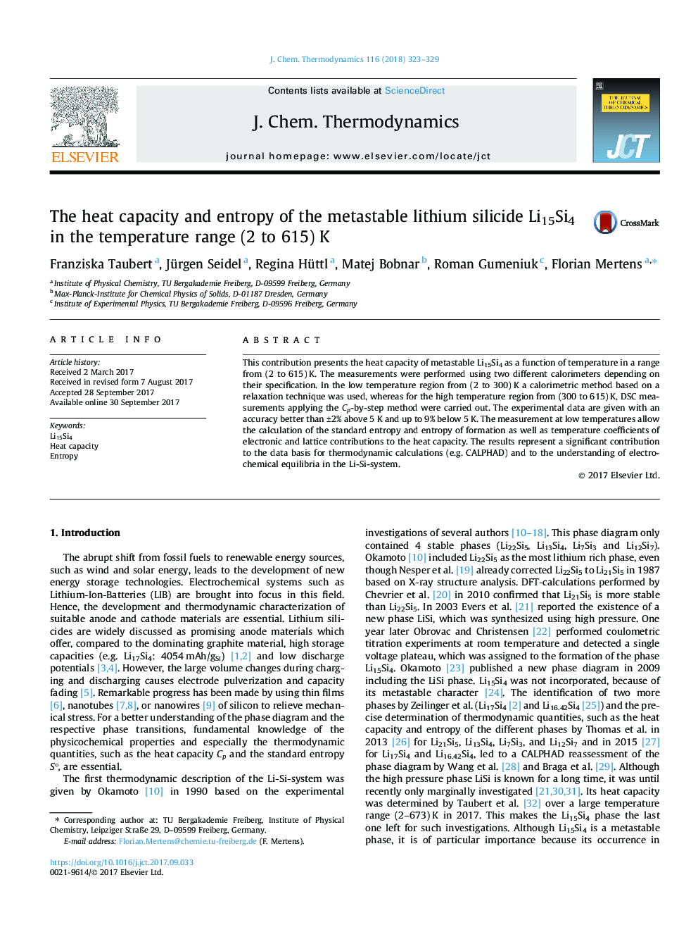 The heat capacity and entropy of the metastable lithium silicide Li15Si4 in the temperature range (2 to 615) K