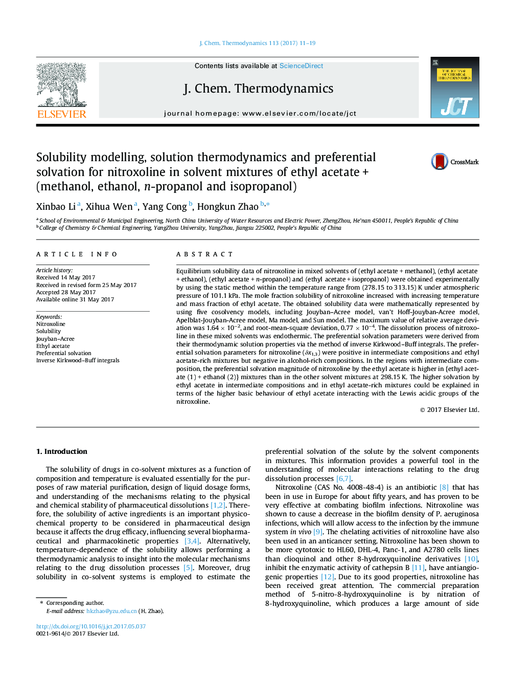 Solubility modelling, solution thermodynamics and preferential solvation for nitroxoline in solvent mixtures of ethyl acetateÂ +Â (methanol, ethanol, n-propanol and isopropanol)