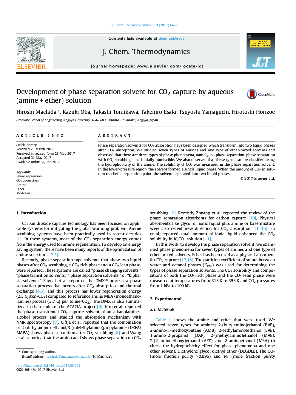 Development of phase separation solvent for CO2 capture by aqueous (amineÂ +Â ether) solution