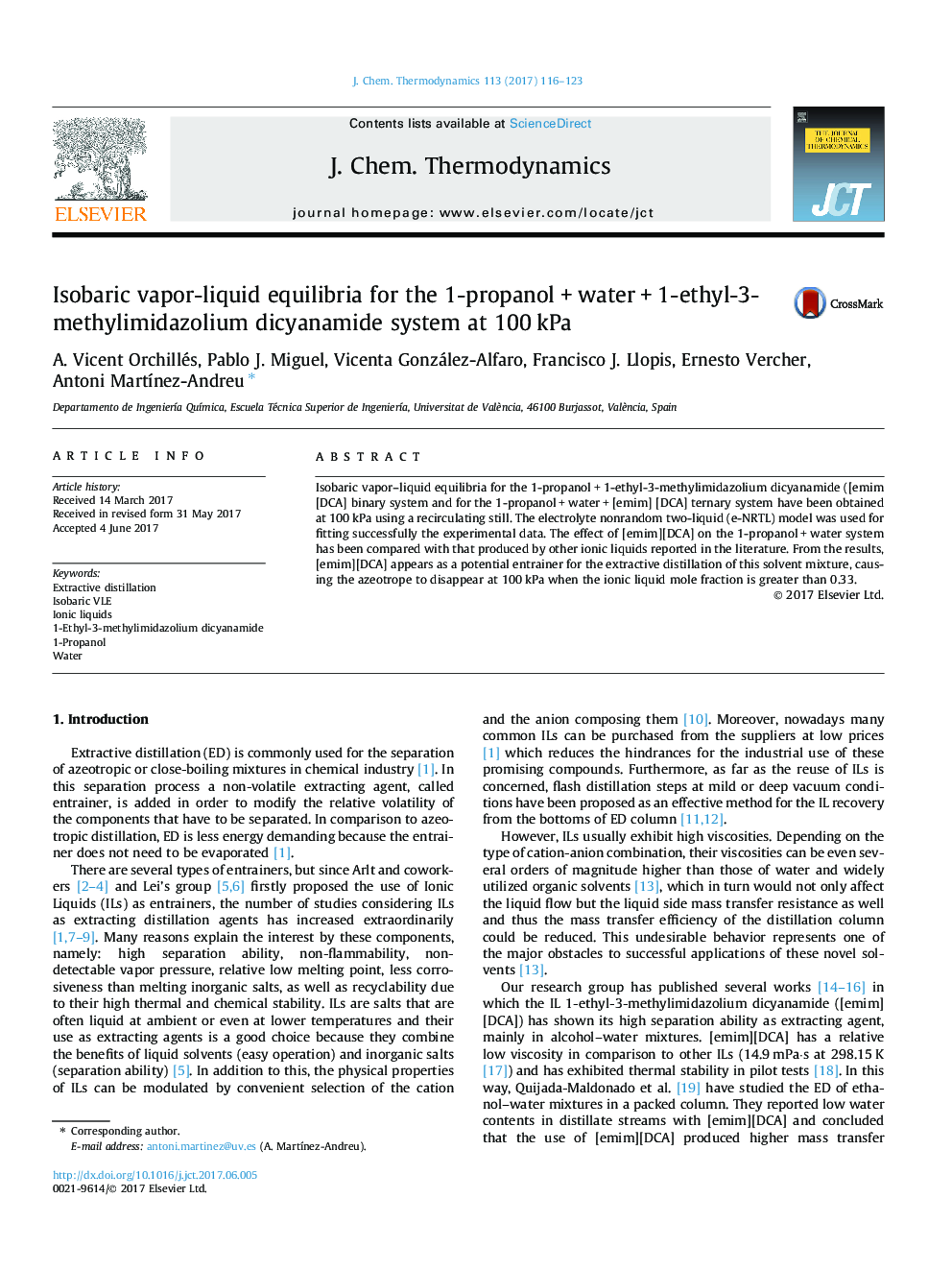 Isobaric vapor-liquid equilibria for the 1-propanolÂ +Â waterÂ +Â 1-ethyl-3-methylimidazolium dicyanamide system at 100Â kPa