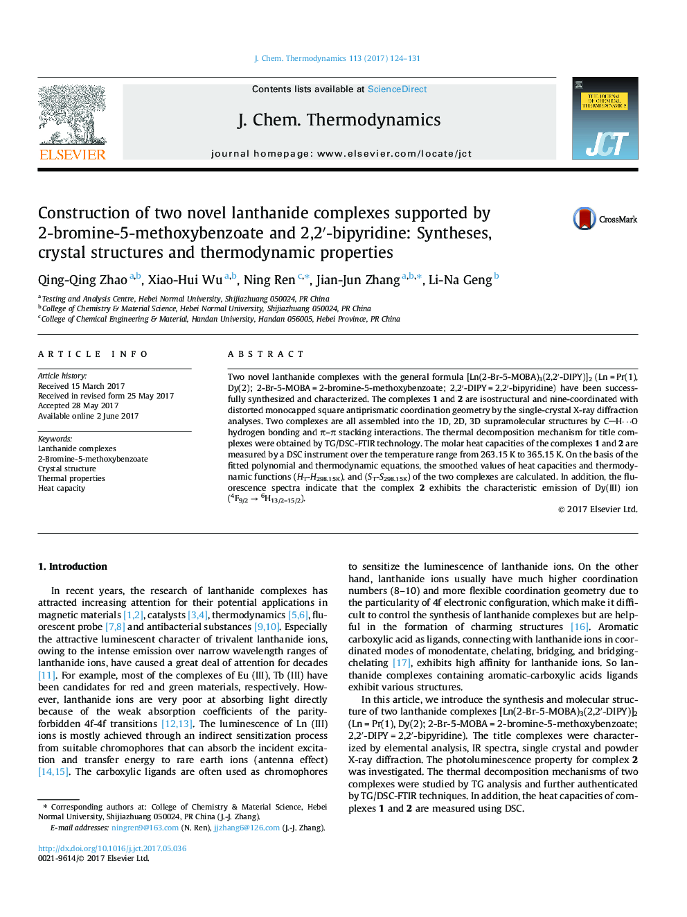 Construction of two novel lanthanide complexes supported by 2-bromine-5-methoxybenzoate and 2,2â²-bipyridine: Syntheses, crystal structures and thermodynamic properties