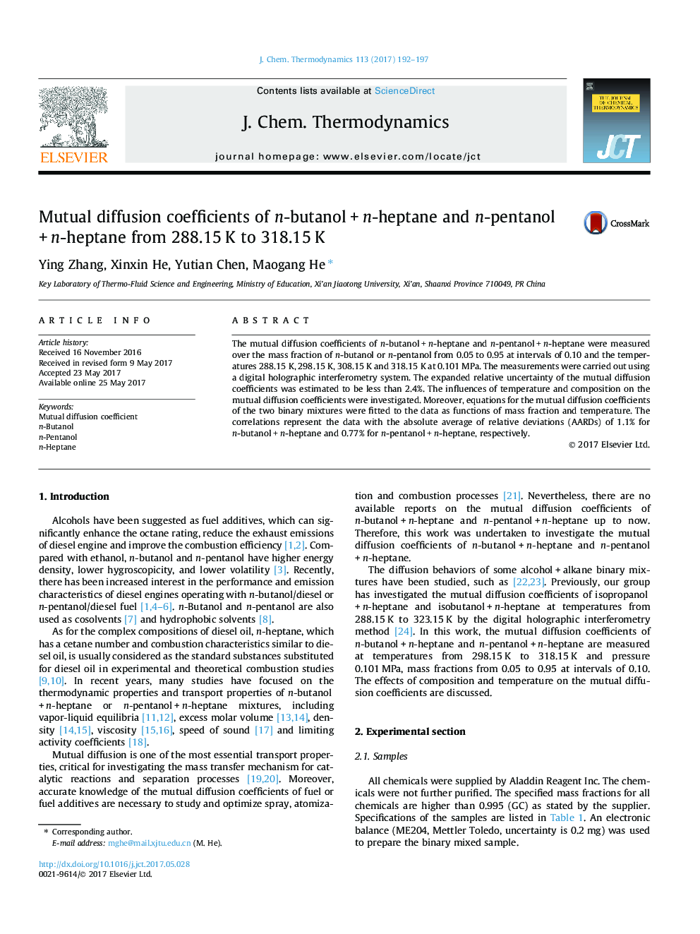 Mutual diffusion coefficients of n-butanolÂ +Â n-heptane and n-pentanolÂ +Â n-heptane from 288.15Â K to 318.15Â K