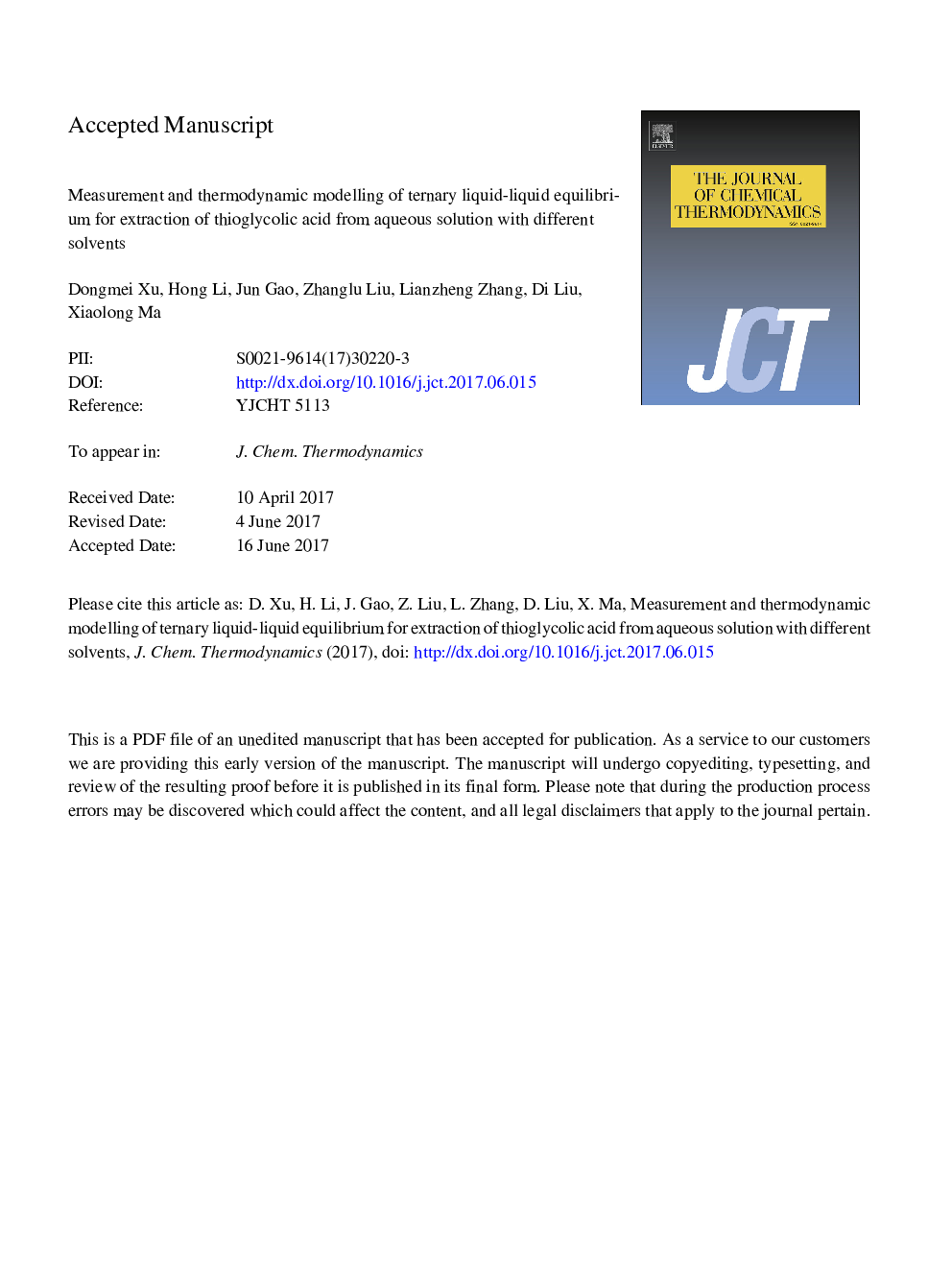 Measurement and thermodynamic modelling of ternary liquid-liquid equilibrium for extraction of thioglycolic acid from aqueous solution with different solvents