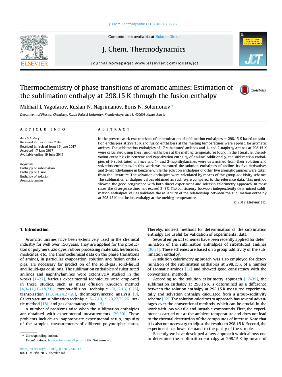 Thermochemistry of phase transitions of aromatic amines: Estimation of the sublimation enthalpy at 298.15Â K through the fusion enthalpy