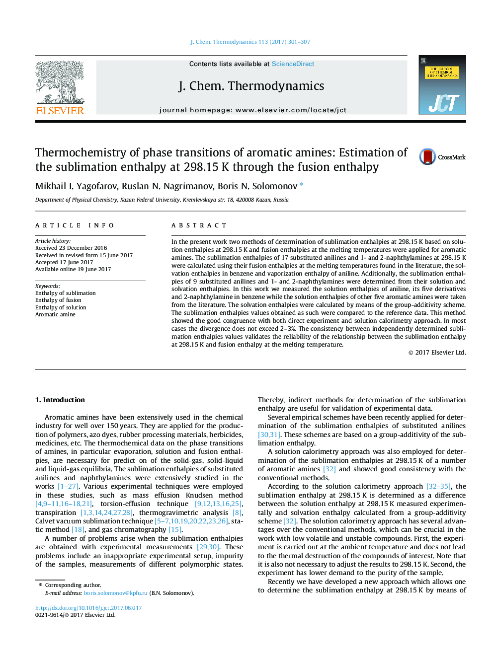 عکس صفحه اول مقاله: Thermochemistry of phase transitions of aromatic amines: Estimation of the sublimation enthalpy at 298.15Â K through the fusion enthalpy Thermochemistry of phase transitions of aromatic amines: Estimation of the sublimation enthalpy at 298.15Â K through the fusion enthalpy