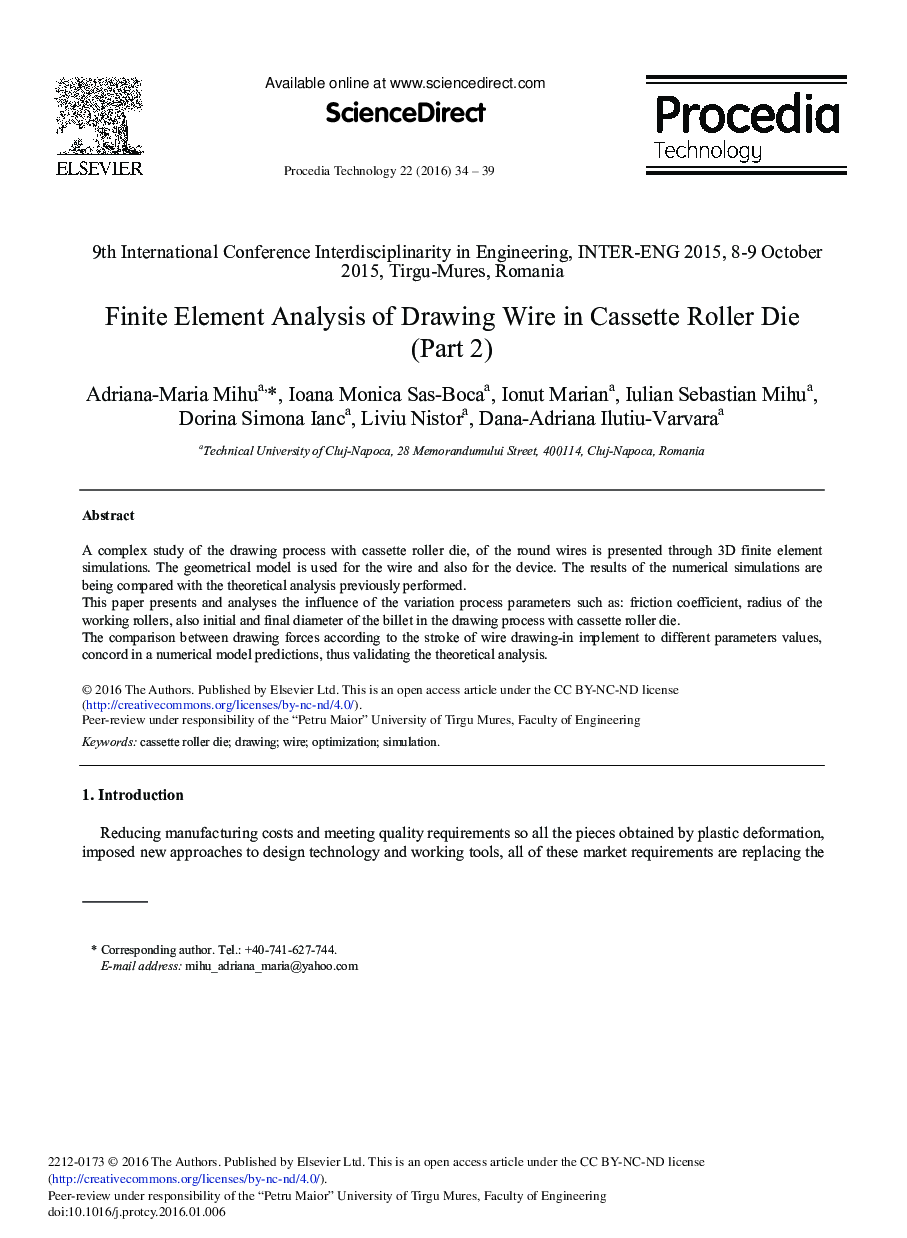 Finite Element Analysis of Drawing Wire in Cassette Roller Die (Part 2) 