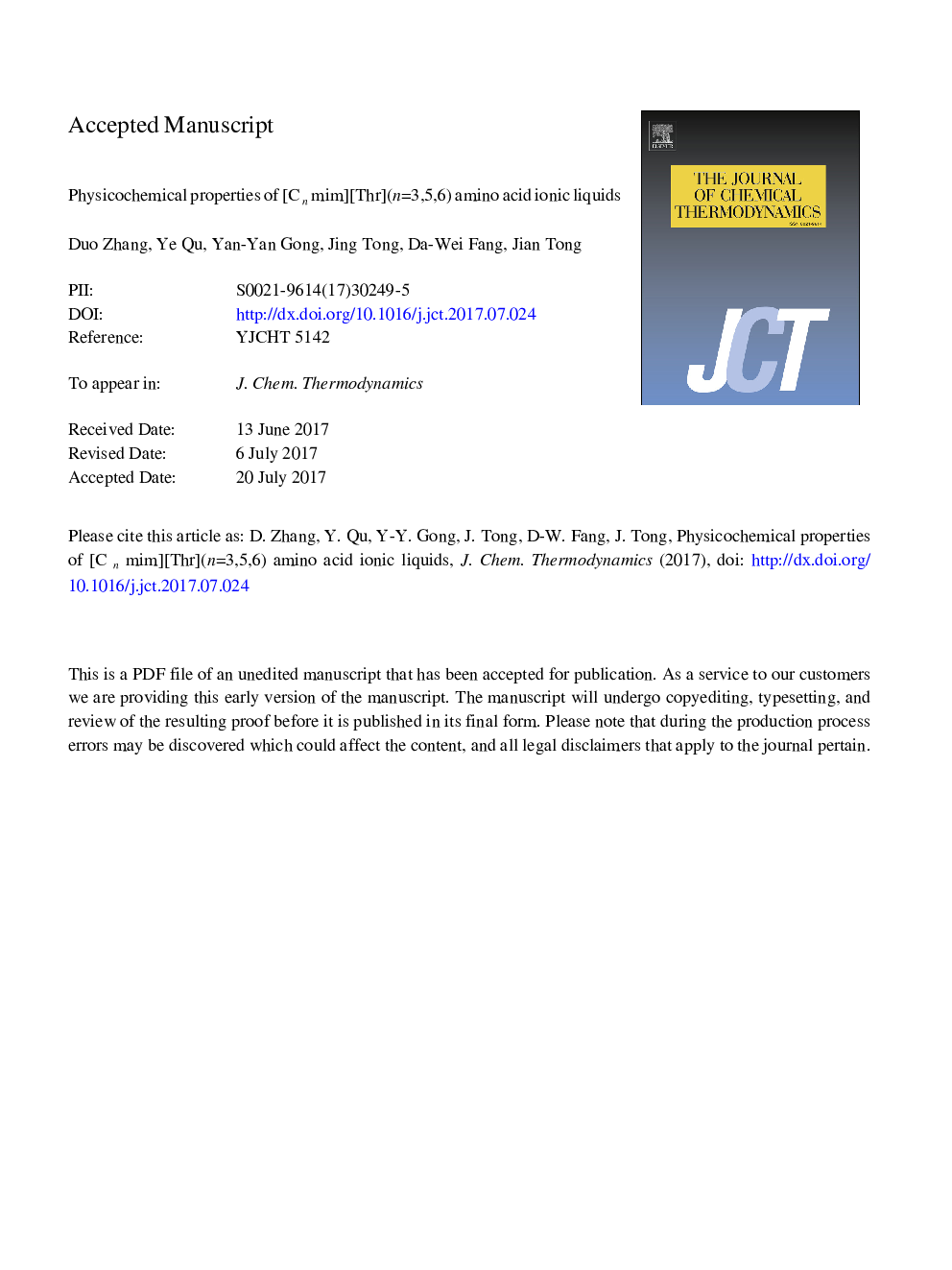 Physicochemical properties of [cnmim][thr] (nÂ =Â 3,Â 5,Â 6) amino acid ionic liquids