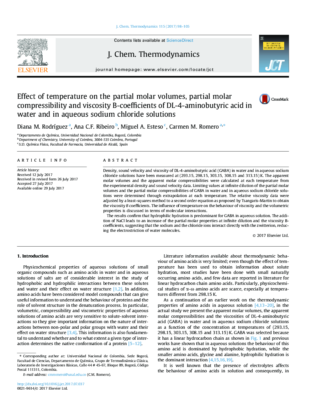 Effect of temperature on the partial molar volumes, partial molar compressibility and viscosity B-coefficients of DL-4-aminobutyric acid in water and in aqueous sodium chloride solutions
