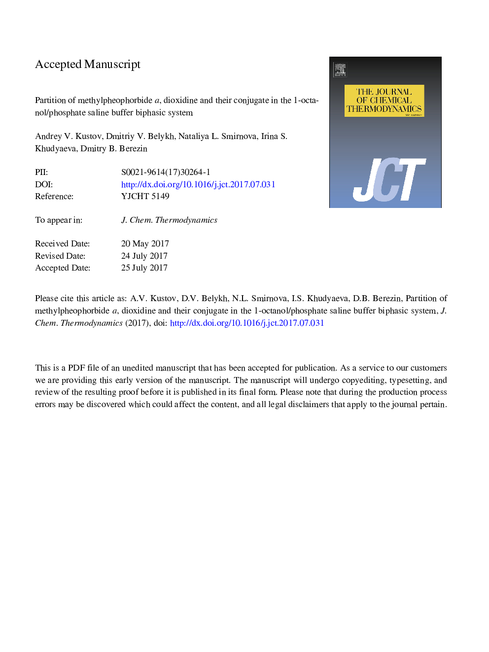 Partition of methylpheophorbide a, dioxidine and their conjugate in the 1-octanol/phosphate saline buffer biphasic system