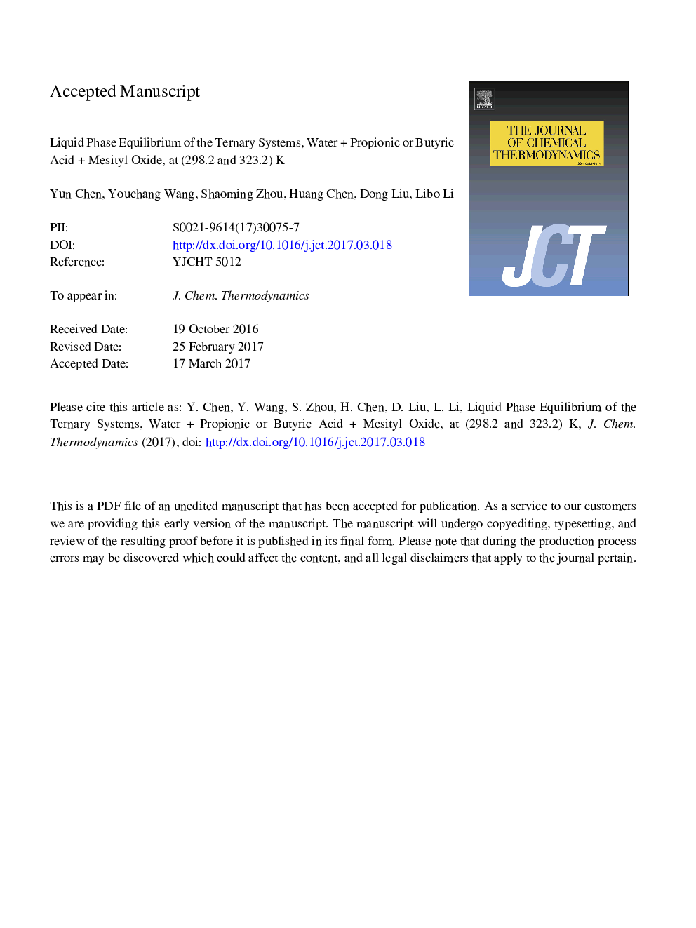 Liquid phase equilibrium of the ternary systems, waterÂ +Â propionic or butyric acidÂ +Â mesityl oxide, at (298.2 and 323.2)Â K