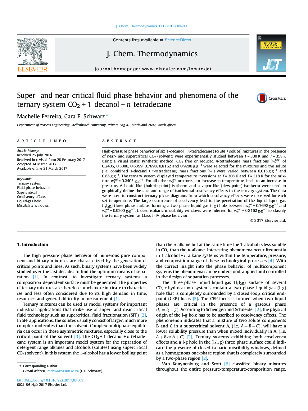 Super- and near-critical fluid phase behavior and phenomena of the ternary system CO2Â +Â 1-decanolÂ +Â n-tetradecane