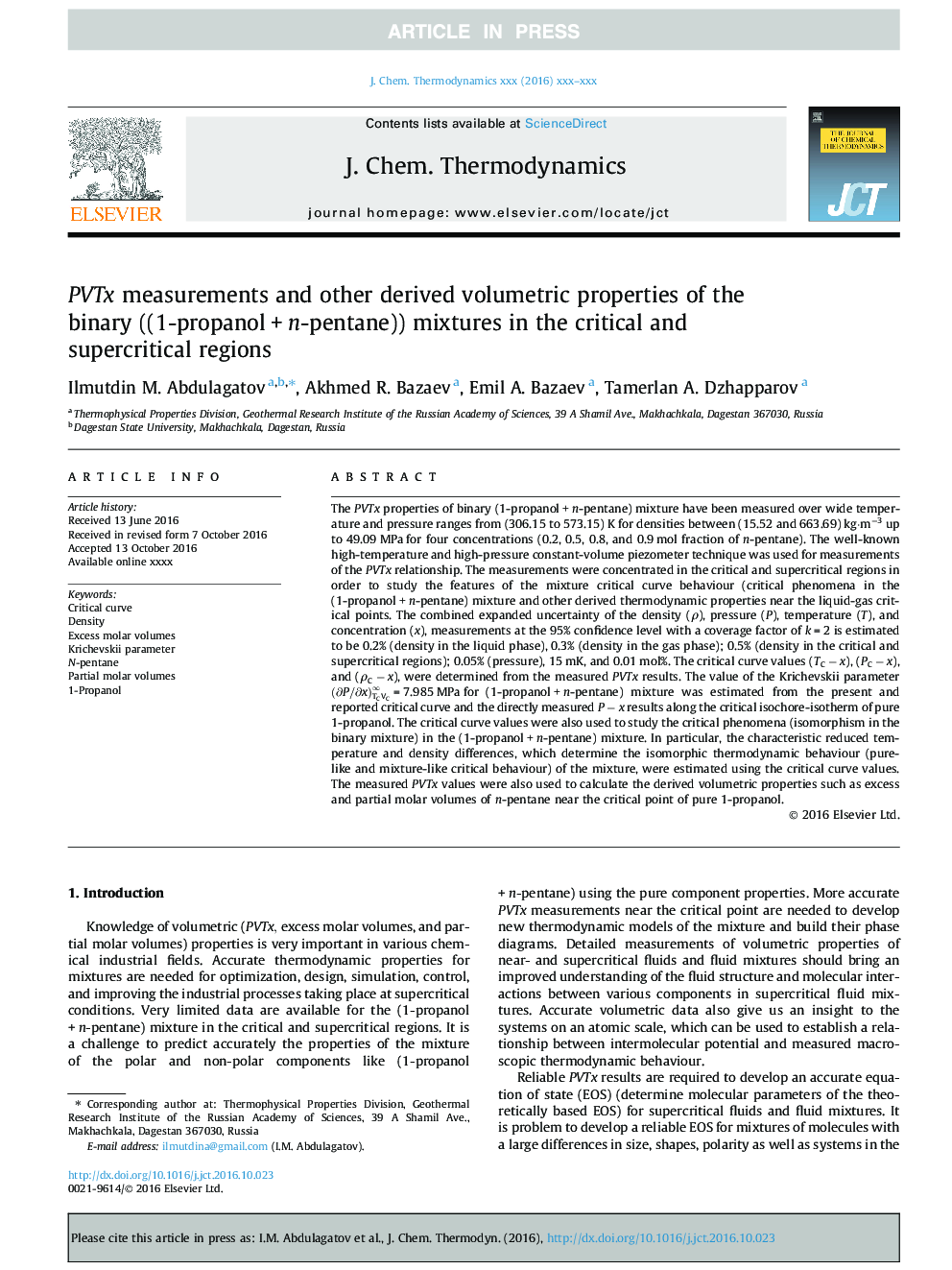 PVTx measurements and other derived volumetric properties of the binary ((1-propanolÂ +Â n-pentane)) mixtures in the critical and supercritical regions