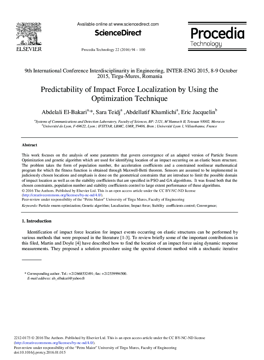 Predictability of Impact Force Localization by Using the Optimization Technique 