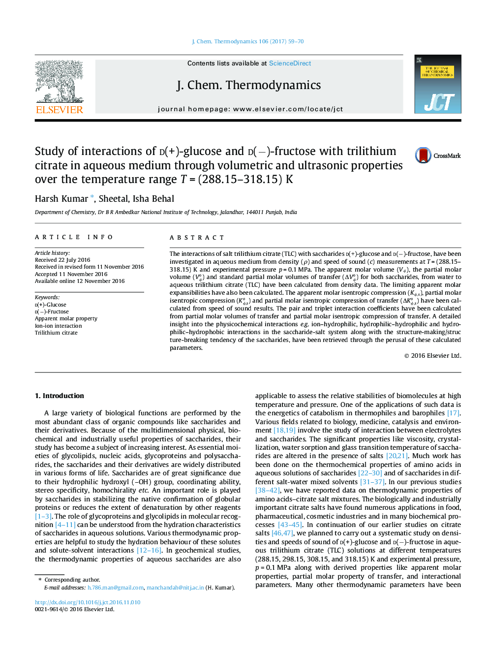 Study of interactions of d(+)-glucose and d(â)-fructose with trilithium citrate in aqueous medium through volumetric and ultrasonic properties over the temperature range TÂ =Â (288.15-318.15) K