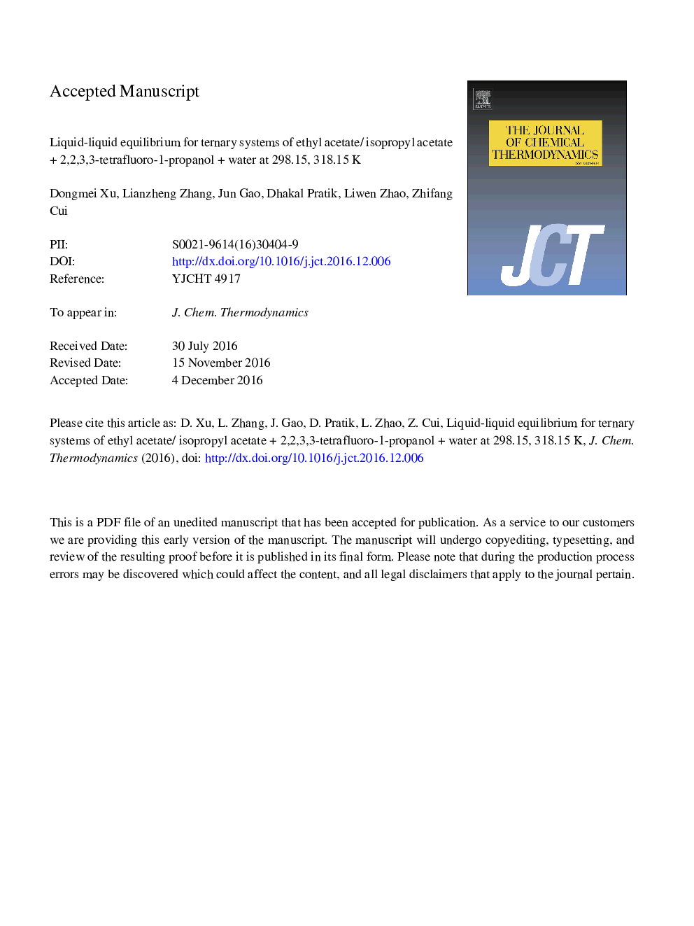 Liquid-liquid equilibrium for ternary systems of ethyl acetate/isopropyl acetateÂ +Â 2,2,3,3-tetrafluoro-1-propanolÂ +Â water at 298.15, 318.15Â K