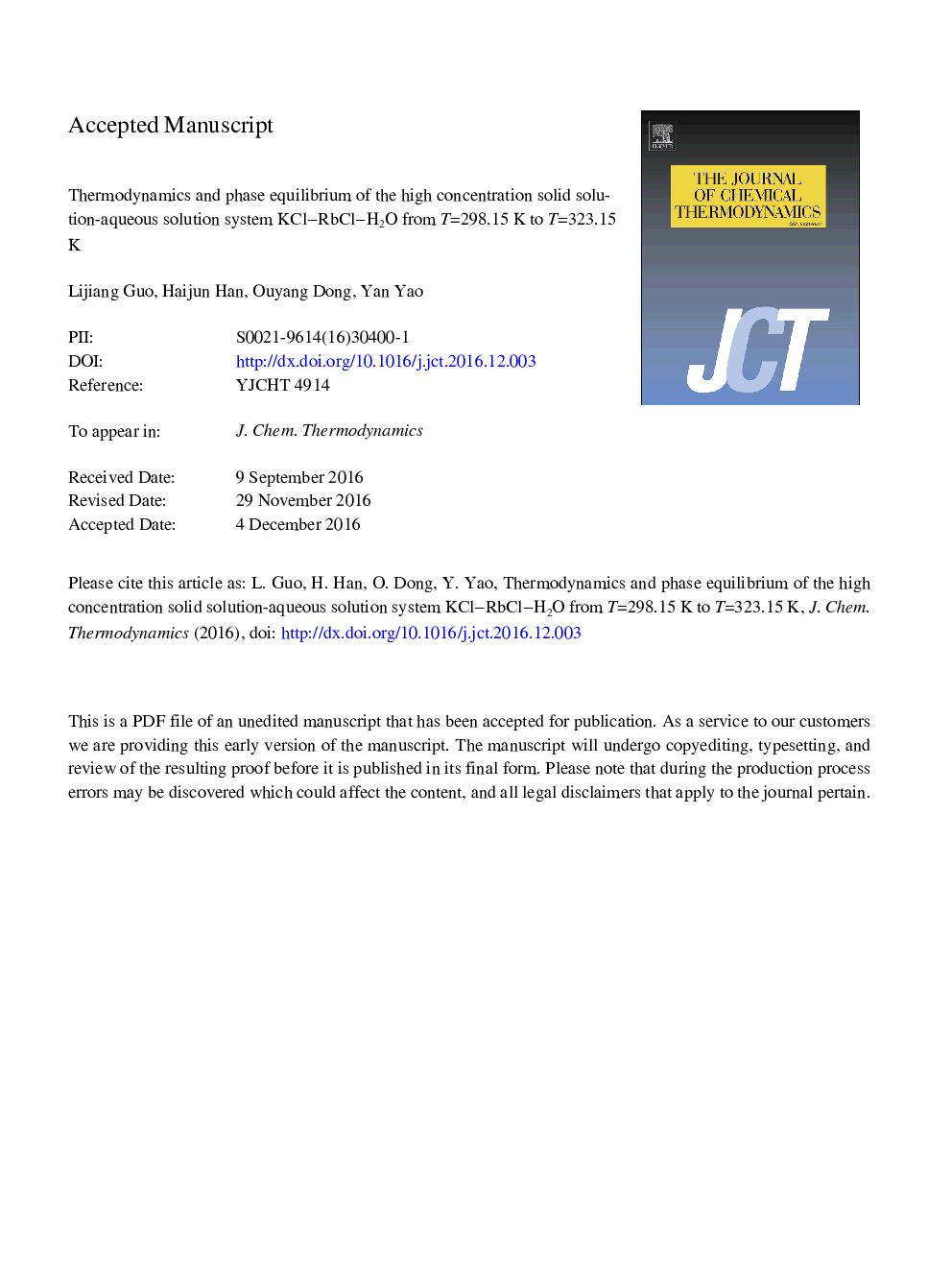 Thermodynamics and phase equilibrium of the high concentration solid solution-aqueous solution system KCl-RbCl-H2O from TÂ =Â 298.15Â K to TÂ =Â 323.15Â K