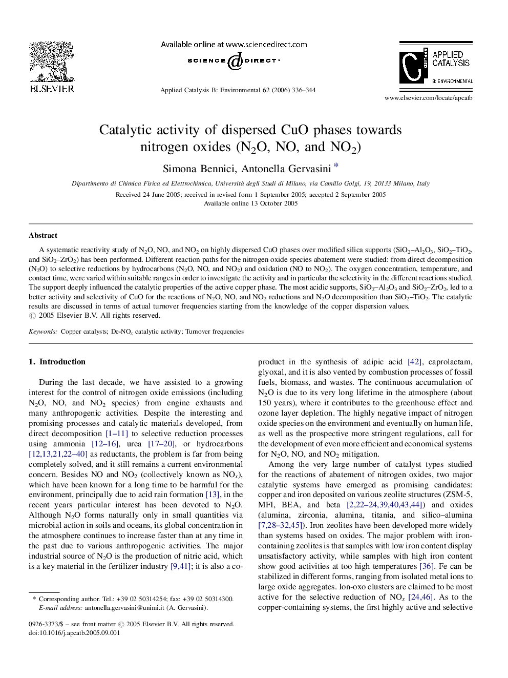 Catalytic activity of dispersed CuO phases towards nitrogen oxides (N2O, NO, and NO2)