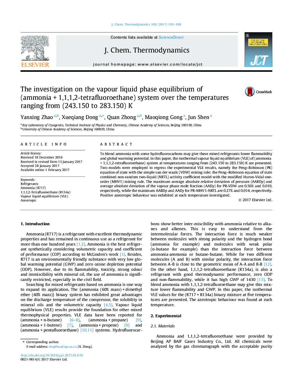 The investigation on the vapour liquid phase equilibrium of (ammoniaÂ +Â 1,1,1,2-tetrafluoroethane) system over the temperatures ranging from (243.150 to 283.150) K