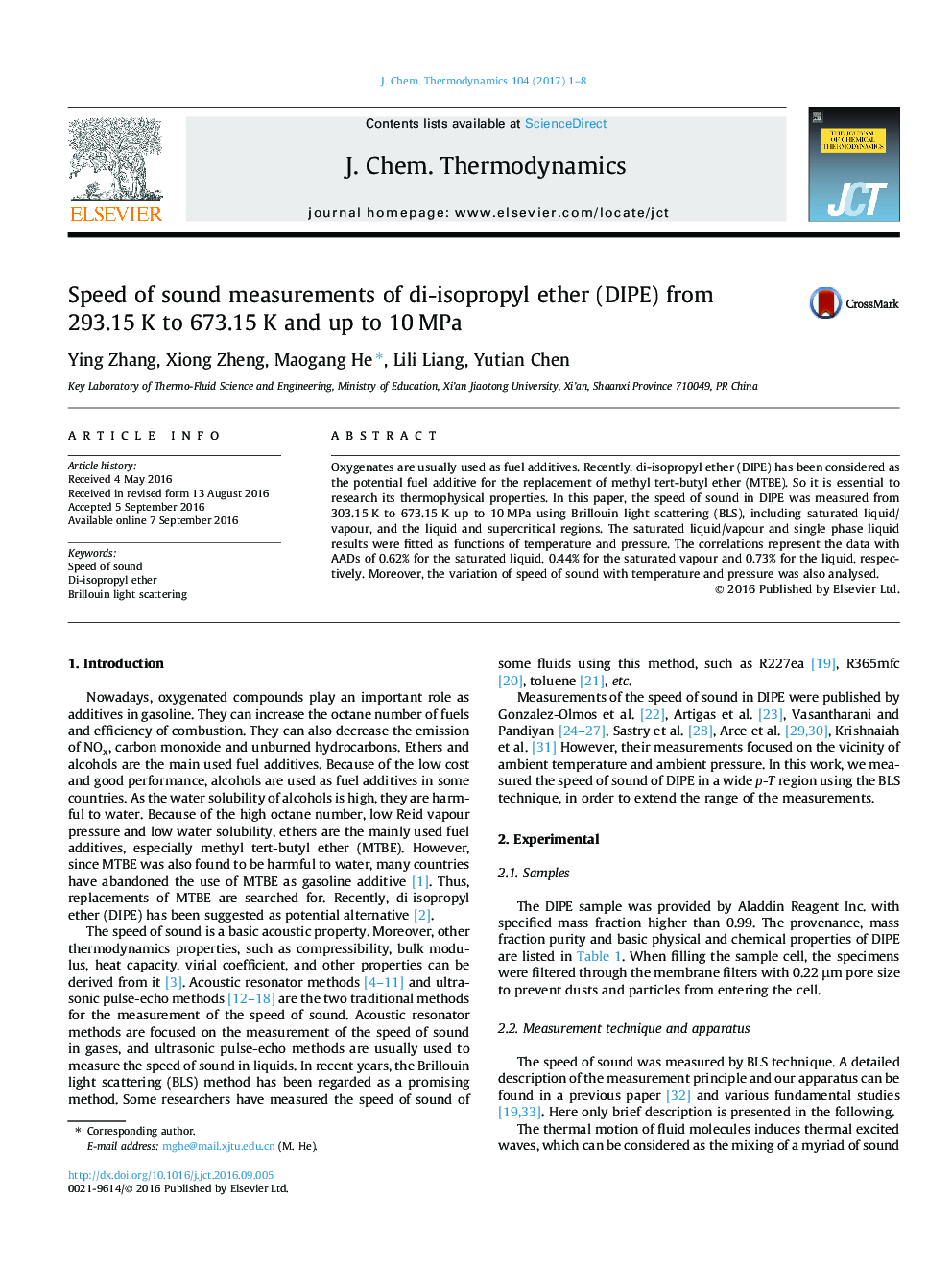 Speed of sound measurements of di-isopropyl ether (DIPE) from 293.15Â K to 673.15Â K and up to 10Â MPa