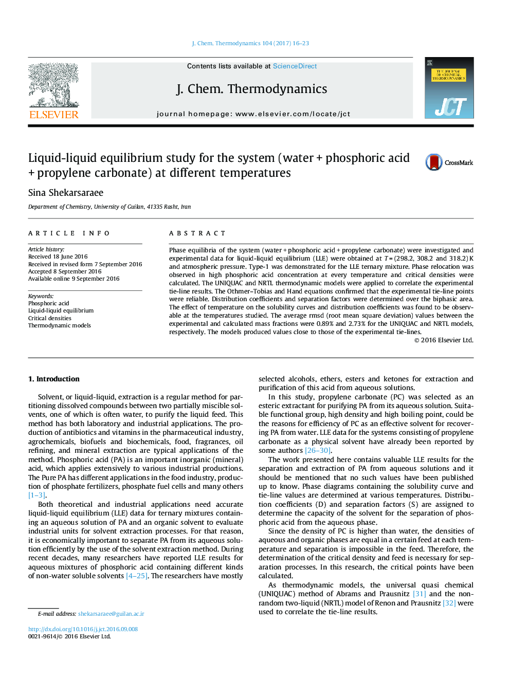 عکس صفحه اول مقاله: Liquid-liquid equilibrium study for the system (water + phosphoric acid + propylene carbonate) at different temperatures Liquid-liquid equilibrium study for the system (water + phosphoric acid + propylene carbonate) at different temperatures