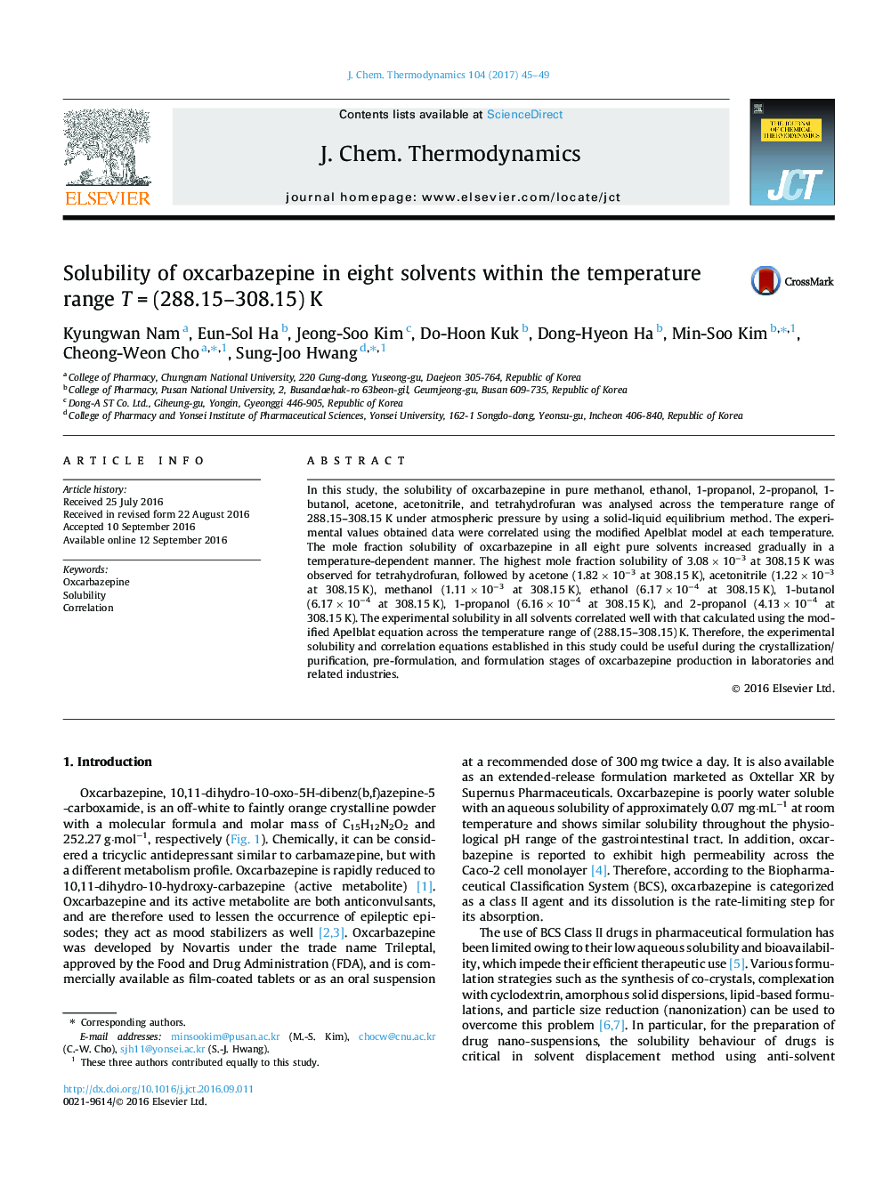 Solubility of oxcarbazepine in eight solvents within the temperature range TÂ =Â (288.15-308.15)Â K