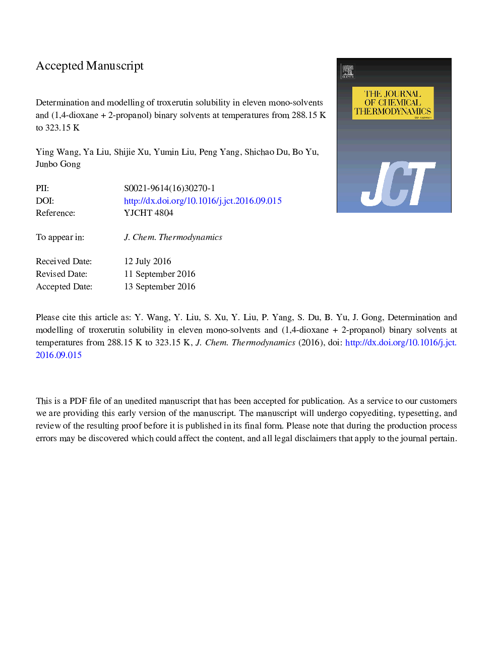 Determination and modelling of troxerutin solubility in eleven mono-solvents and (1,4-dioxaneÂ +Â 2-propanol) binary solvents at temperatures from 288.15Â KÂ to 323.15Â K