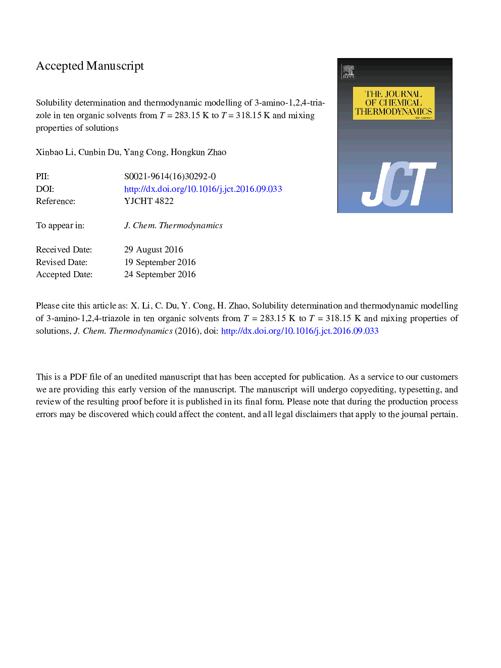 Solubility determination and thermodynamic modelling of 3-amino-1,2,4-triazole in ten organic solvents from TÂ =Â 283.15Â K to TÂ =Â 318.15Â K and mixing properties of solutions