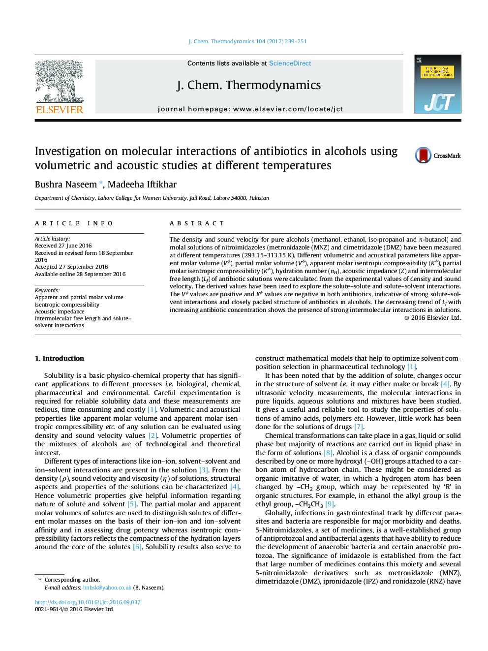 Investigation on molecular interactions of antibiotics in alcohols using volumetric and acoustic studies at different temperatures