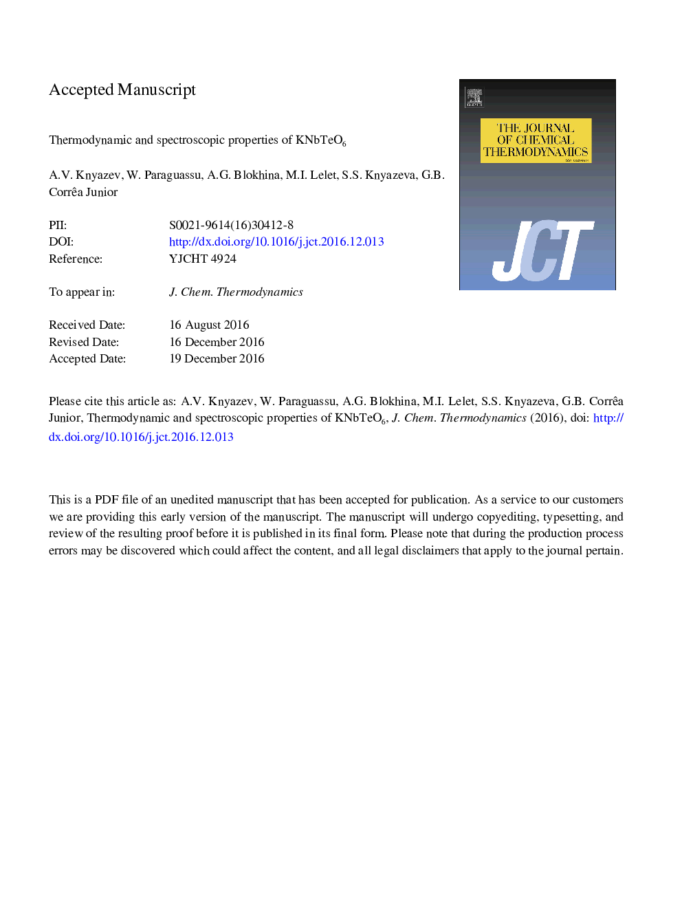 Thermodynamic and spectroscopic properties of KNbTeO6