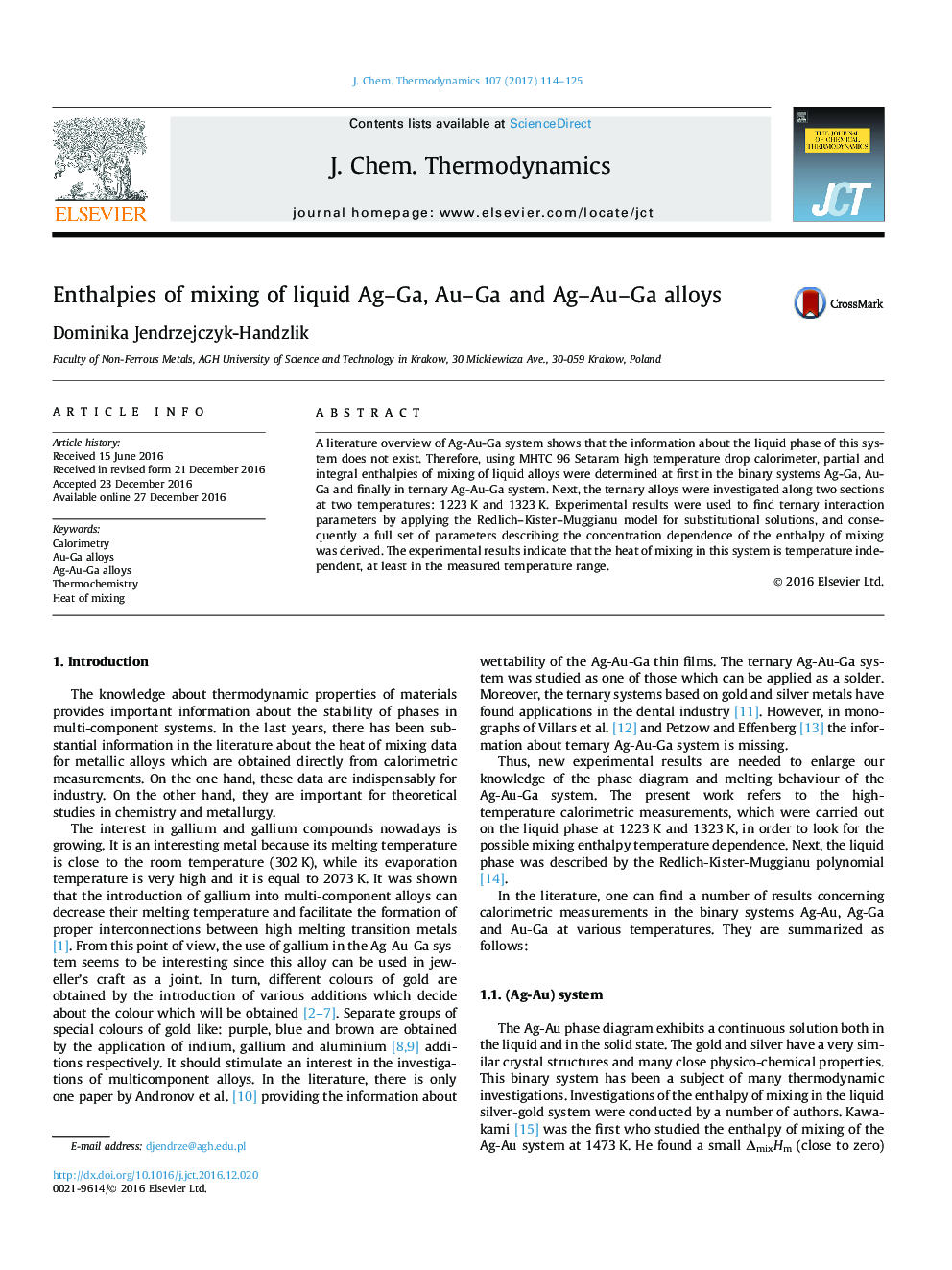 Enthalpies of mixing of liquid Ag-Ga, Au-Ga and Ag-Au-Ga alloys