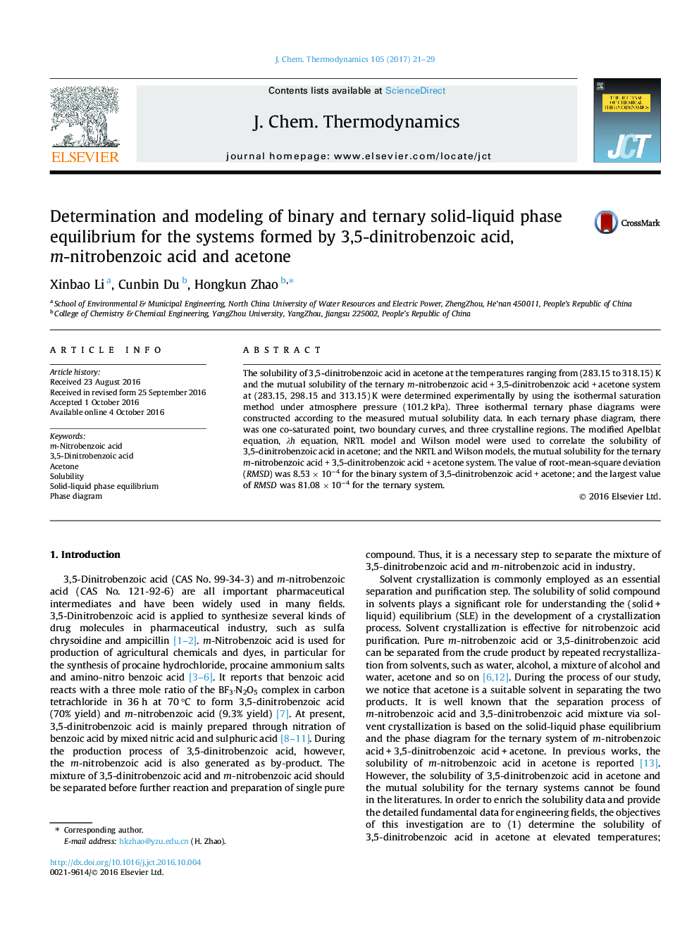 Determination and modeling of binary and ternary solid-liquid phase equilibrium for the systems formed by 3,5-dinitrobenzoic acid, m-nitrobenzoic acid and acetone