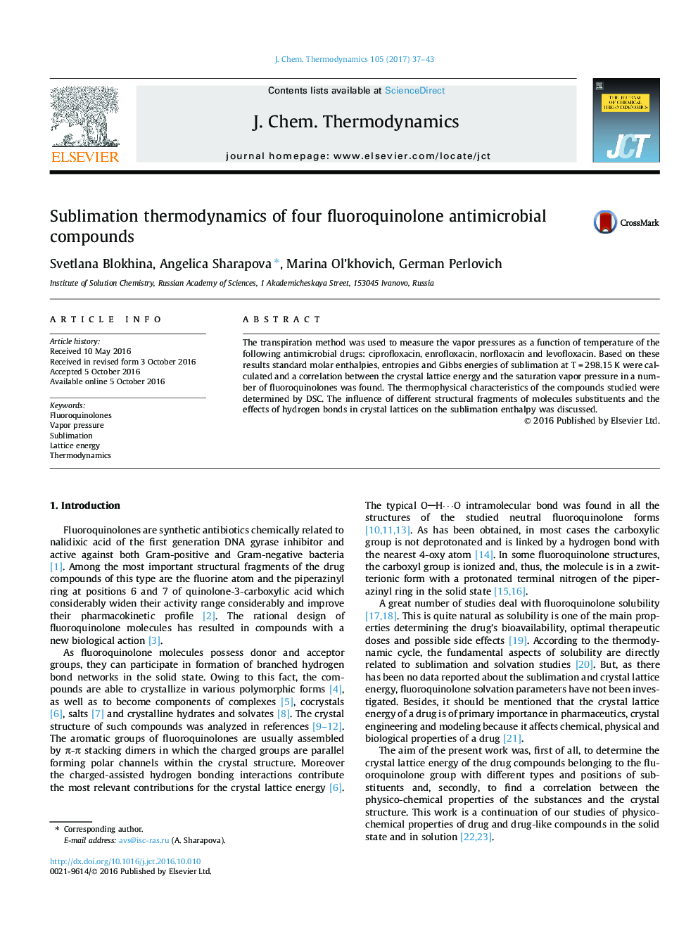 Sublimation thermodynamics of four fluoroquinolone antimicrobial compounds