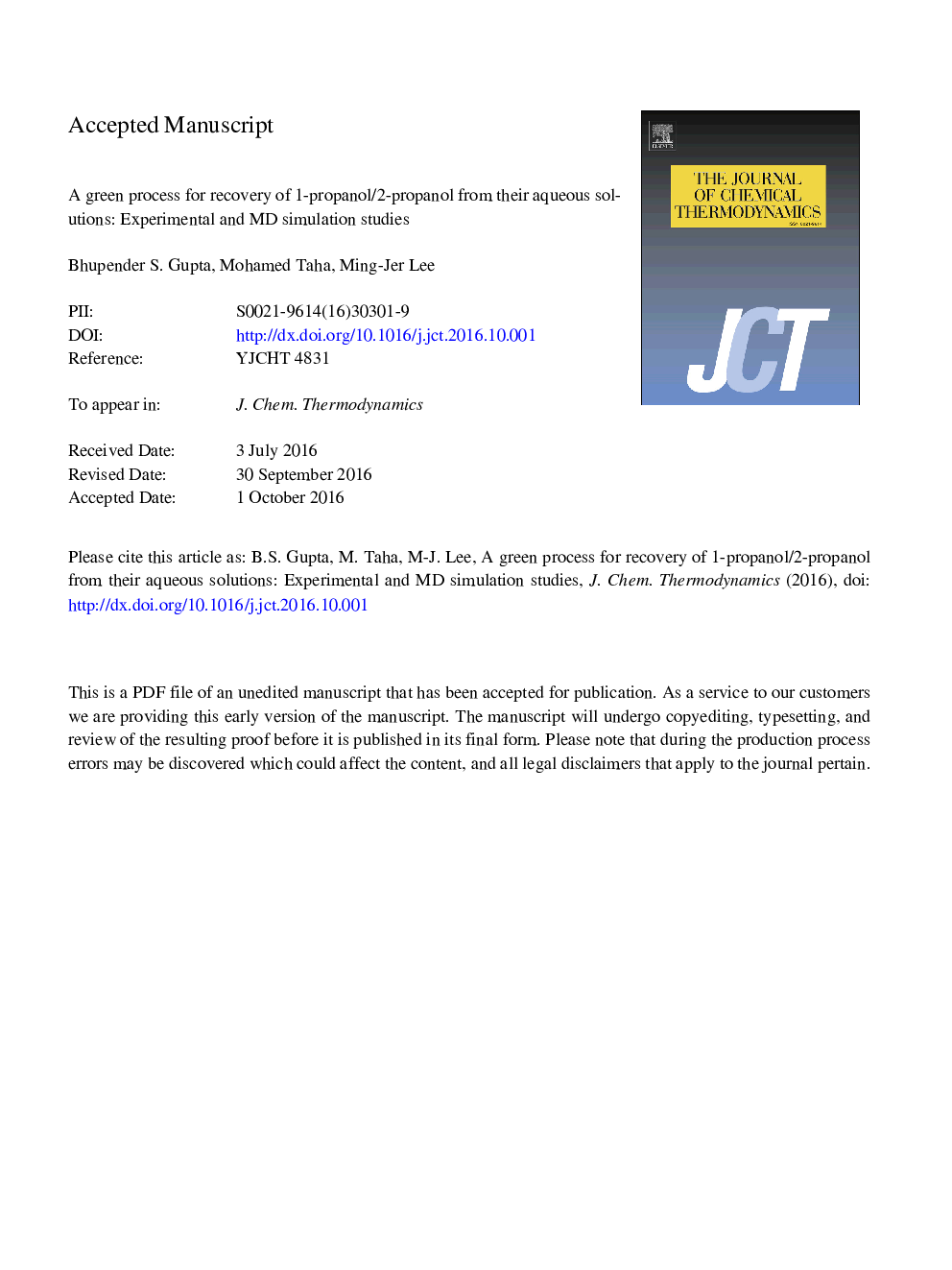 A green process for recovery of 1-propanol/2-propanol from their aqueous solutions: Experimental and MD simulation studies