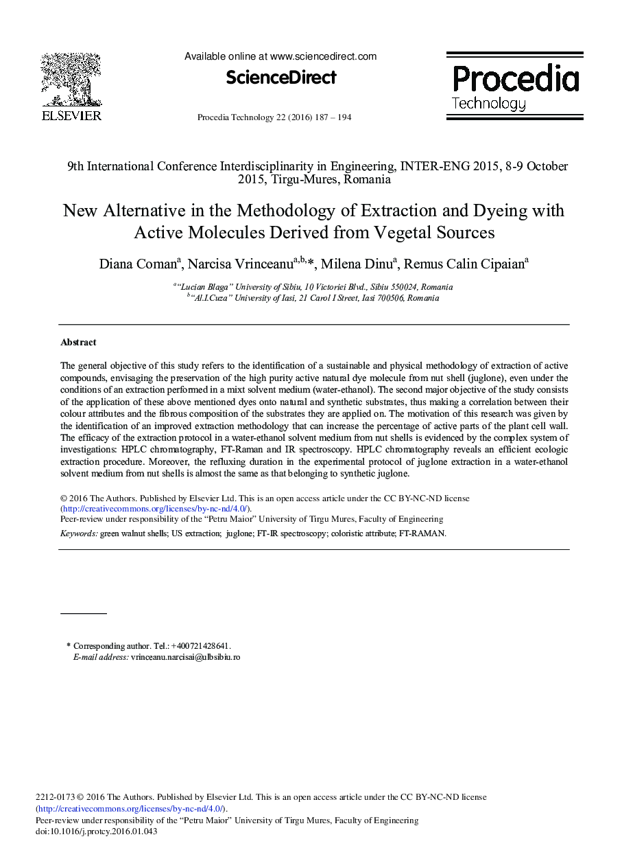 New Alternative in the Methodology of Extraction and Dyeing with Active Molecules Derived from Vegetal Sources 