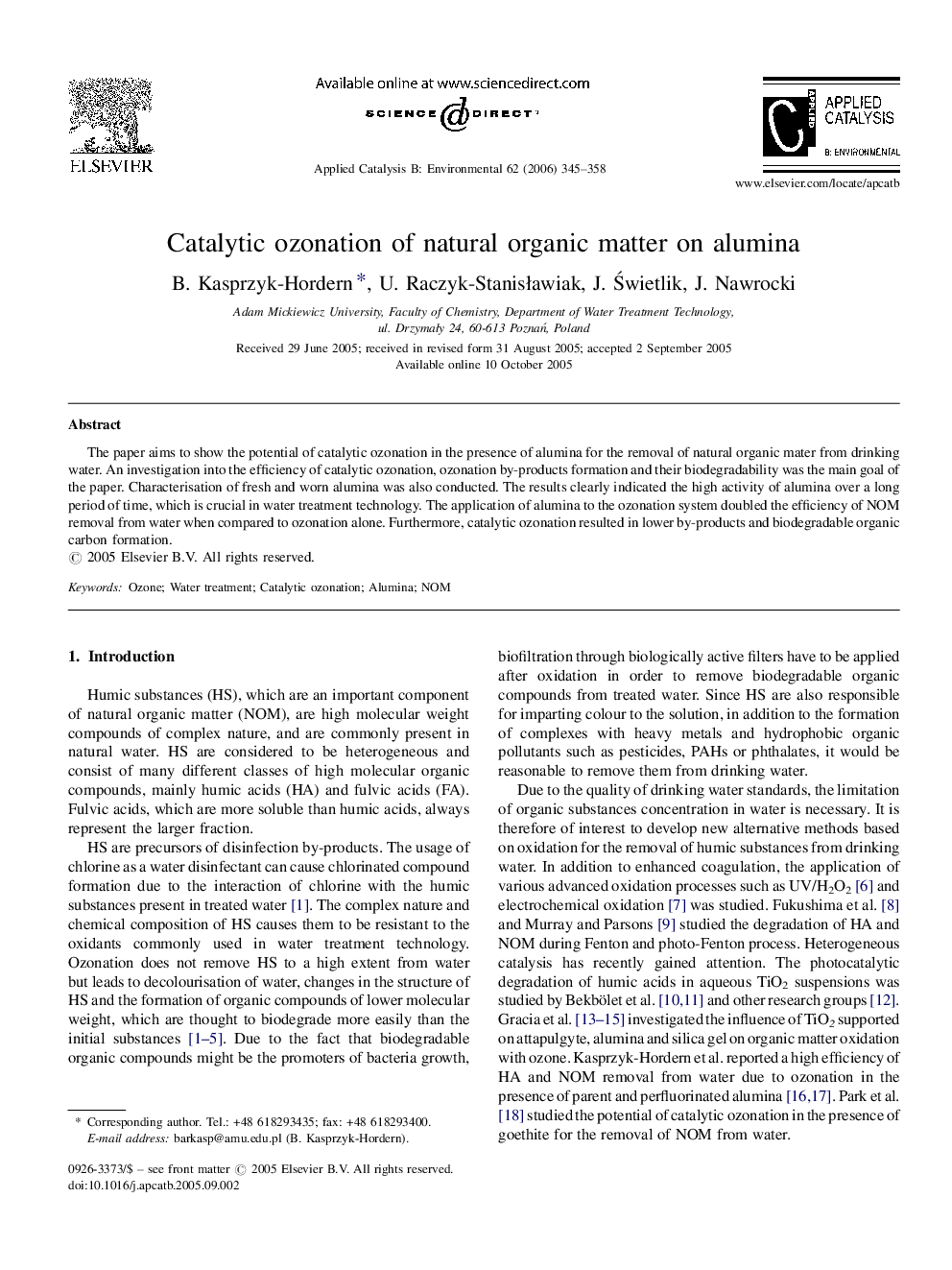 Catalytic ozonation of natural organic matter on alumina