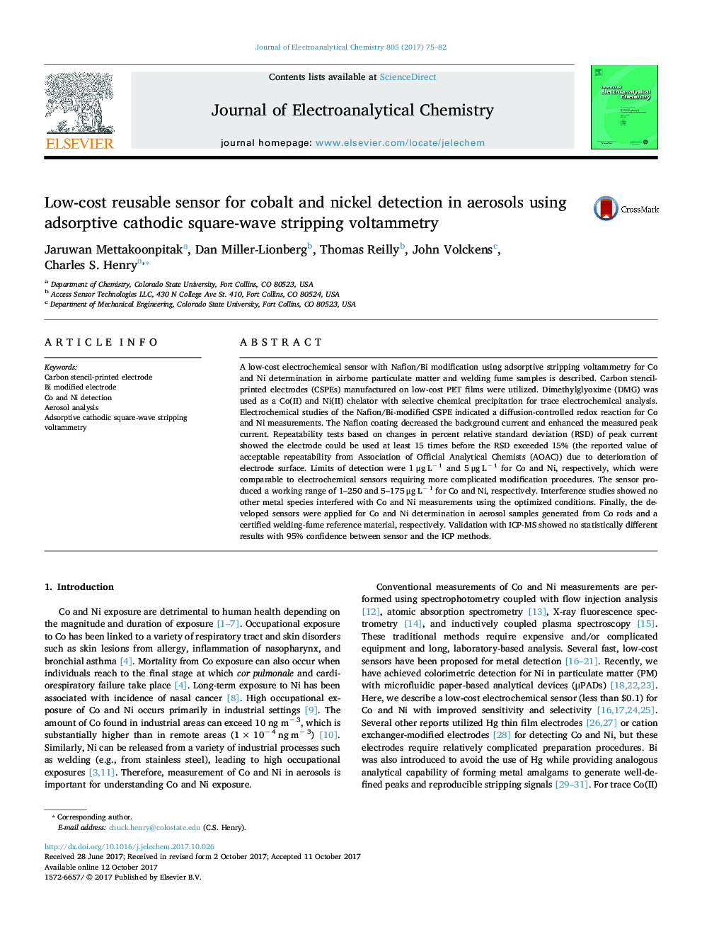 Low-cost reusable sensor for cobalt and nickel detection in aerosols using adsorptive cathodic square-wave stripping voltammetry