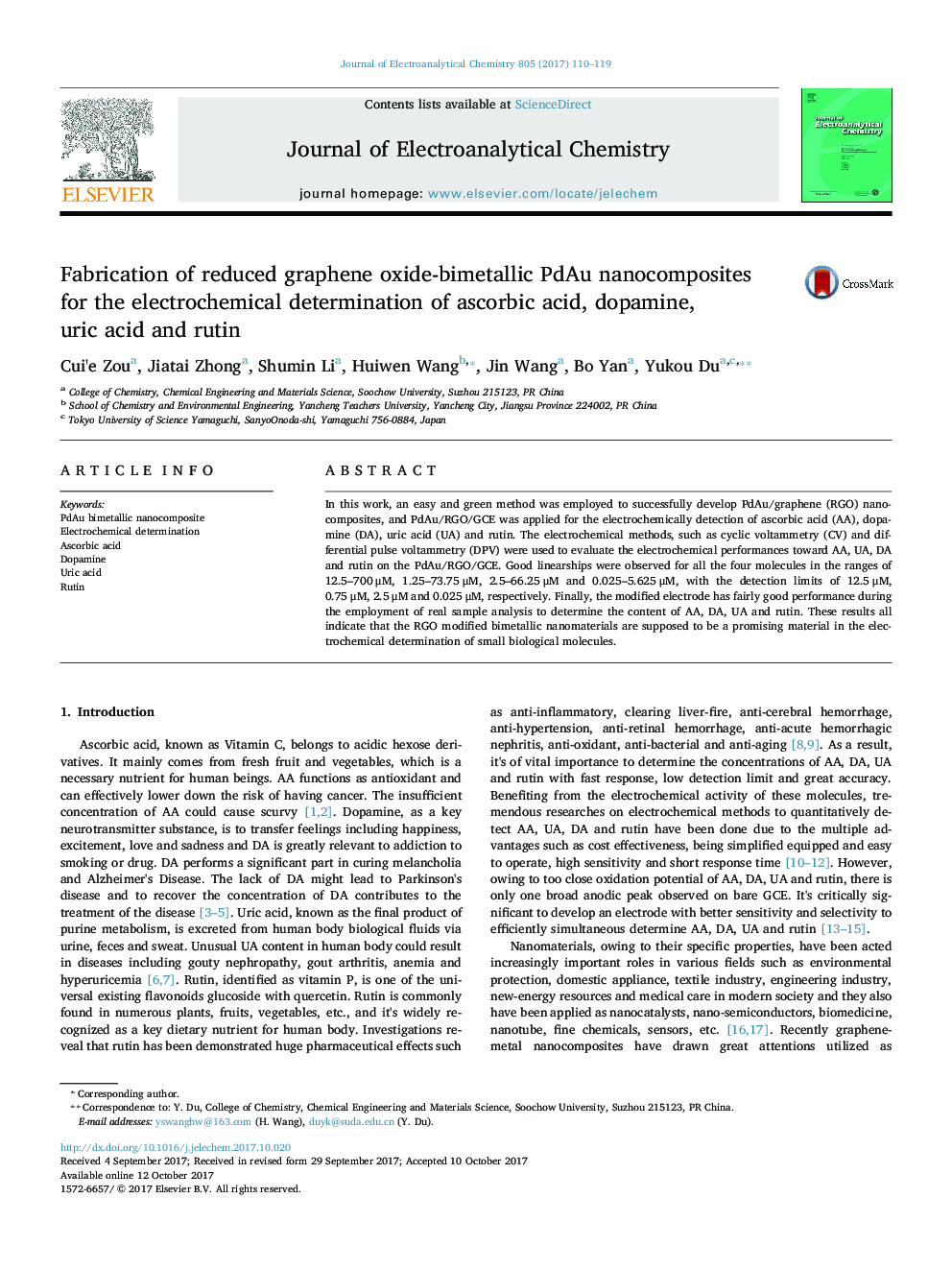 Fabrication of reduced graphene oxide-bimetallic PdAu nanocomposites for the electrochemical determination of ascorbic acid, dopamine, uric acid and rutin