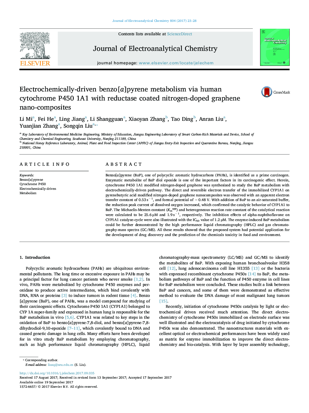 Electrochemically-driven benzo[a]pyrene metabolism via human cytochrome P450 1A1 with reductase coated nitrogen-doped graphene nano-composites