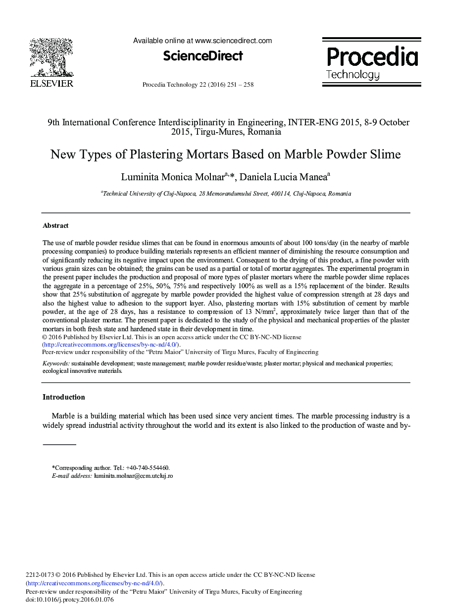 New Types of Plastering Mortars Based on Marble Powder Slime 