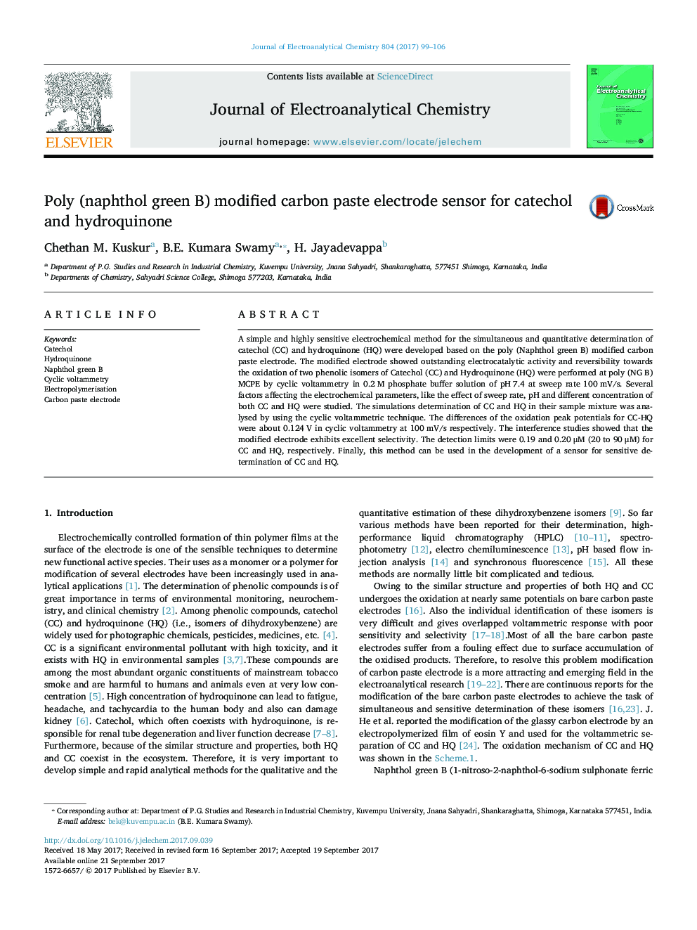 Poly (naphthol green B) modified carbon paste electrode sensor for catechol and hydroquinone