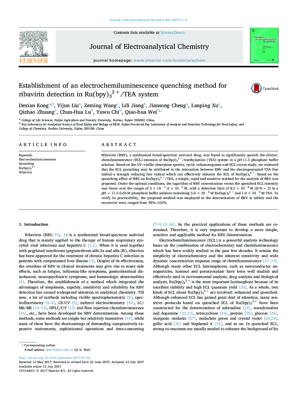 Establishment of an electrochemiluminescence quenching method for ribavirin detection in Ru(bpy)32Â +/TEA system