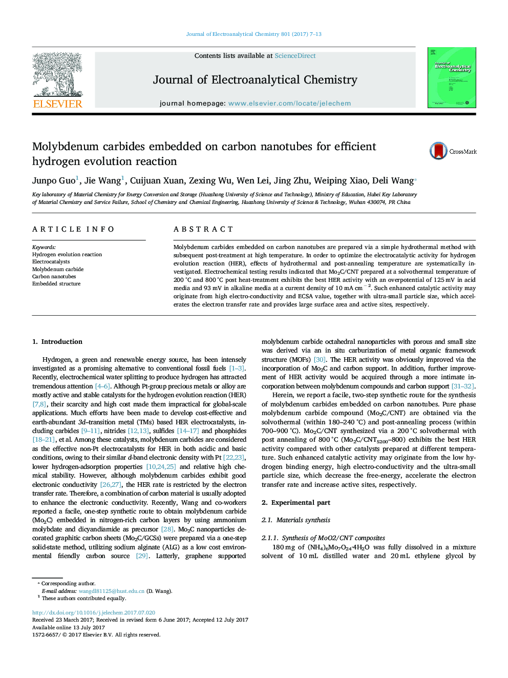 Molybdenum carbides embedded on carbon nanotubes for efficient hydrogen evolution reaction