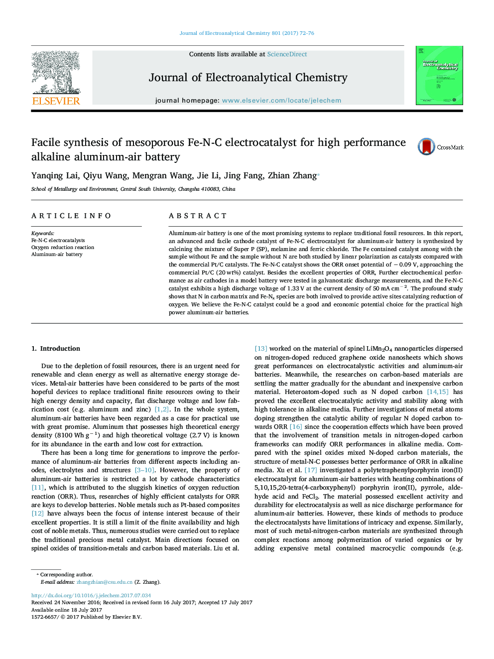Facile synthesis of mesoporous Fe-N-C electrocatalyst for high performance alkaline aluminum-air battery