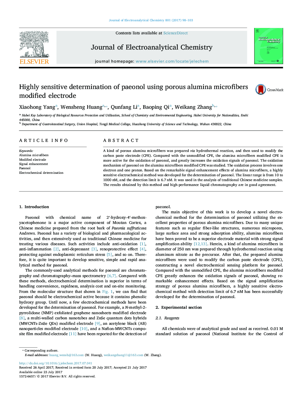 Highly sensitive determination of paeonol using porous alumina microfibers modified electrode