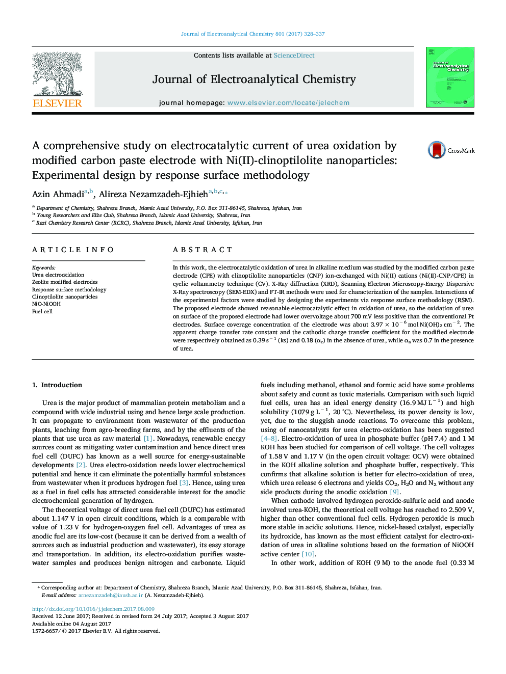 A comprehensive study on electrocatalytic current of urea oxidation by modified carbon paste electrode with Ni(II)-clinoptilolite nanoparticles: Experimental design by response surface methodology