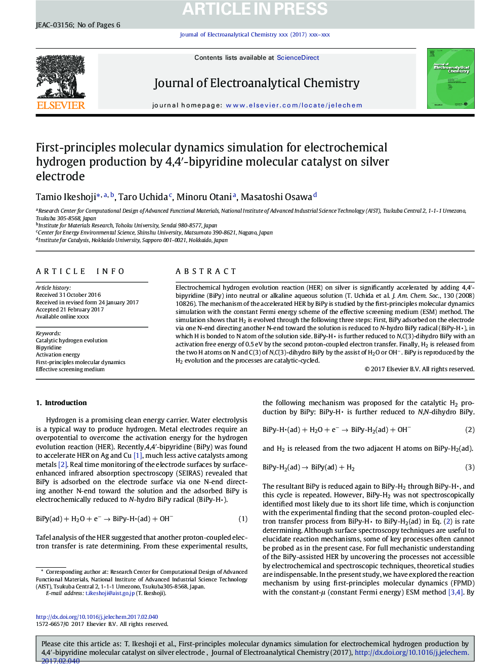 First-principles molecular dynamics simulation for electrochemical hydrogen production by 4,4â²-bipyridine molecular catalyst on silver electrode