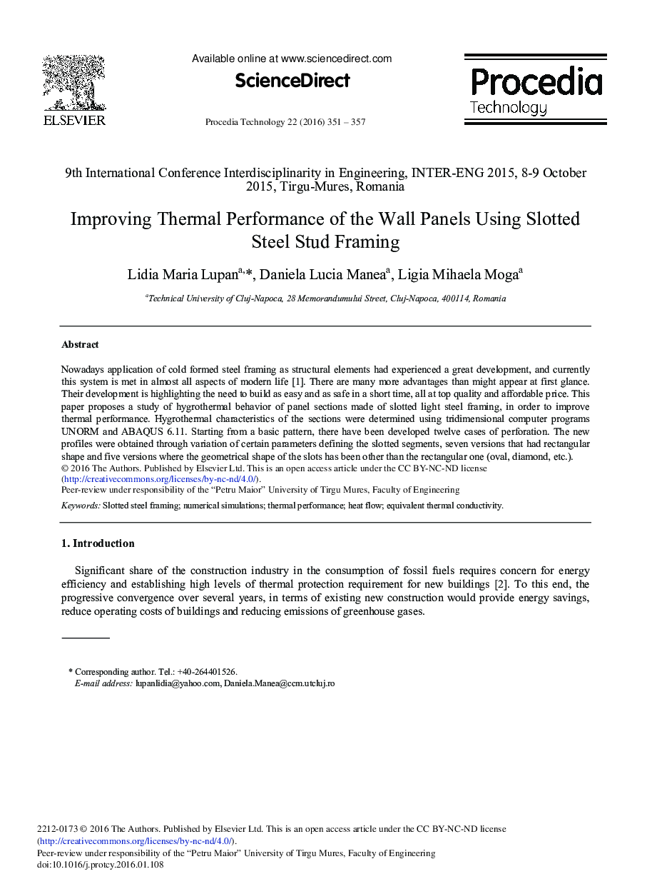 Improving Thermal Performance of the Wall Panels Using Slotted Steel Stud Framing 