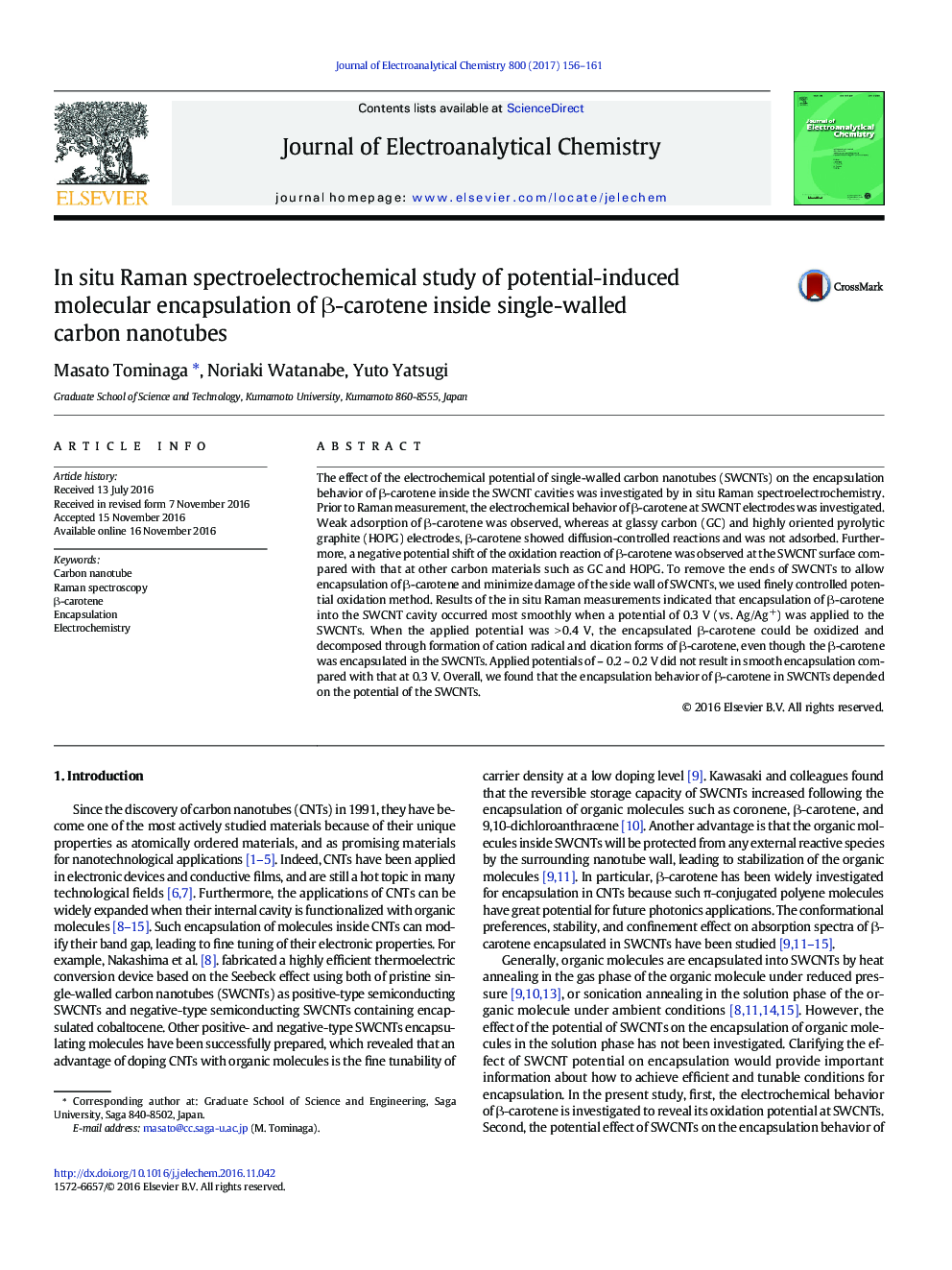 In situ Raman spectroelectrochemical study of potential-induced molecular encapsulation of Î²-carotene inside single-walled carbon nanotubes